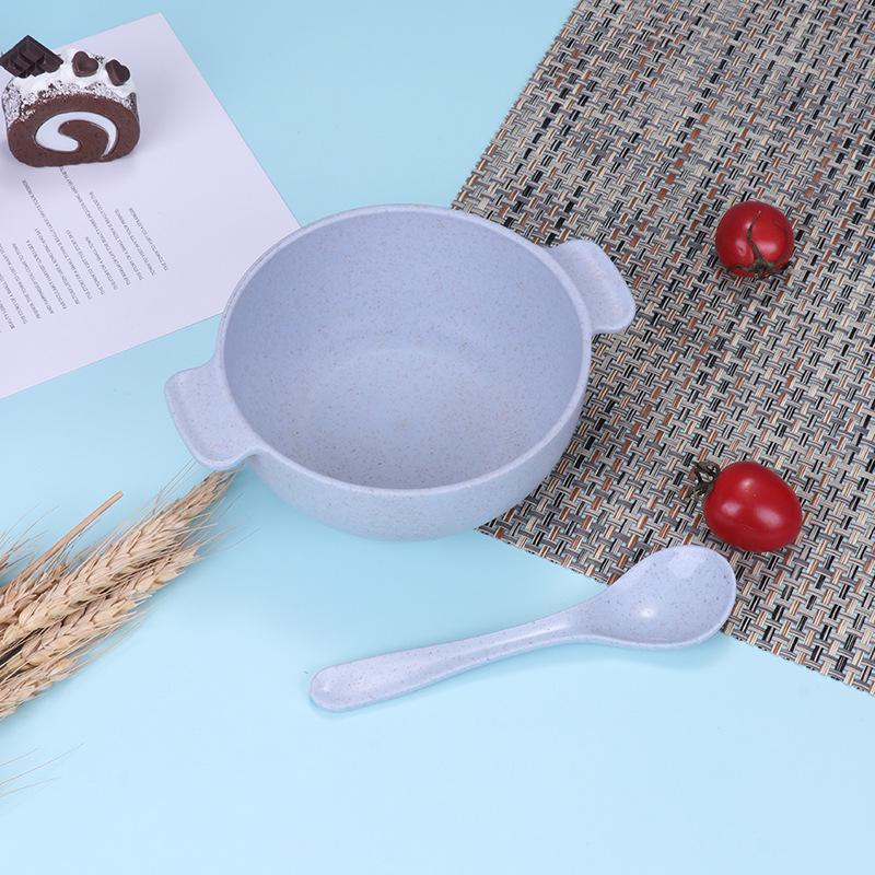 Dětská pšeničná jídelní sada: Miska s dvojitými uchy a lžíce odolné proti pádu a s tepelnou izolací