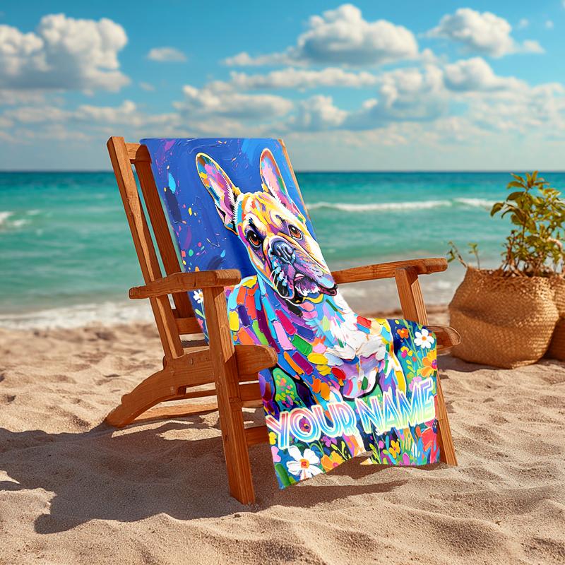 1PC Custom Name Colorful French Bulldog Art Beach Towel Highly Absorbent And Sand-Resistant Towel for Swimming, Pool, Yoga, And Travel Lightweight