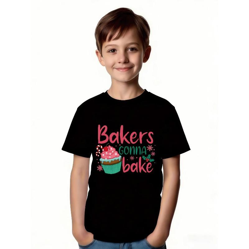 European Sizes Creative Baking T-Shirt for Girls - Features a Playful Pink Design with Handwritten Letters, Perfect for Holiday Gatherings