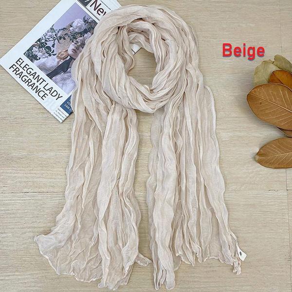 Women's Soft Long Scarf Scarves New Solid Color Cotton and Linen Versatile Pleated Scarf Ultra Long Silk Scarf Cape
