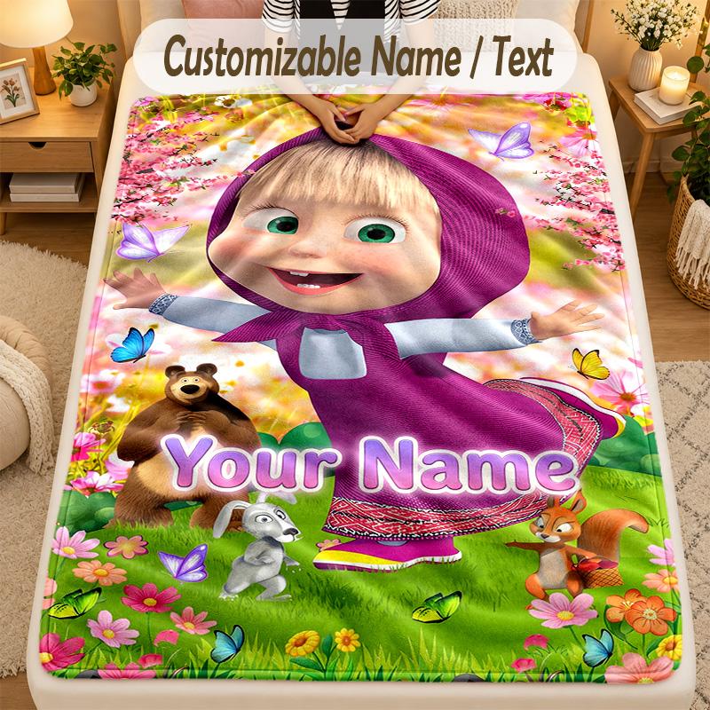 Flannel BlanketMasha and the Bear Custom Name Text Personalized Soft Warm Throw Blanket Home Decor Gift