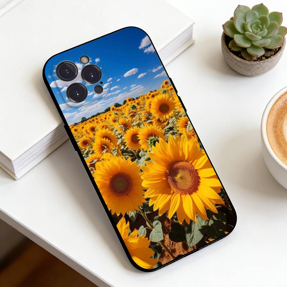 Sunflower&Sunny Day For iPhone 16,15,14,13,12,11,XS,XR,X,8,7,Pro,Max,Plus,mini Silicone Black Cover