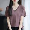 2026 Summer New  V-neck Short-sleeved T-shirt Women's Solid Color Joker Pullover Shirt with Loose Sleeve Bottom Shirt