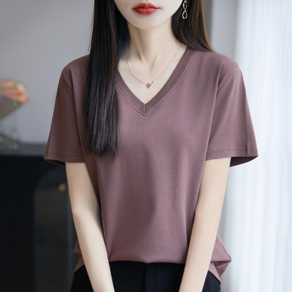 2026 Summer New  V-neck Short-sleeved T-shirt Women's Solid Color Joker Pullover Shirt with Loose Sleeve Bottom Shirt