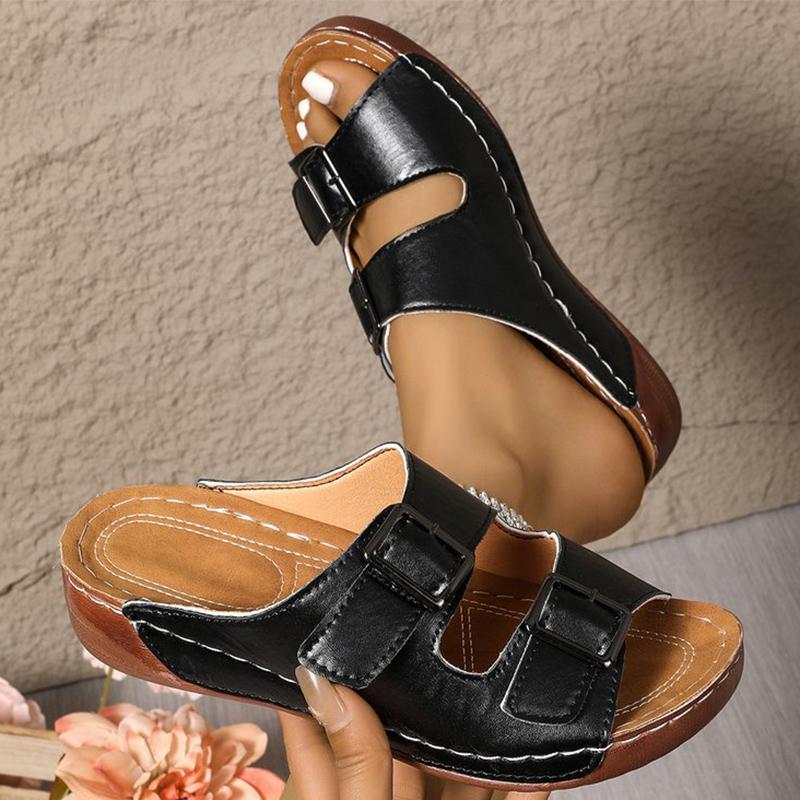 

Fashion Summer Buckle Strap Leather Slippers for Women Non-Slip Plus Size Wedge Woman Slides Soft Insoles Solid Woman Slippers 43 чёрный