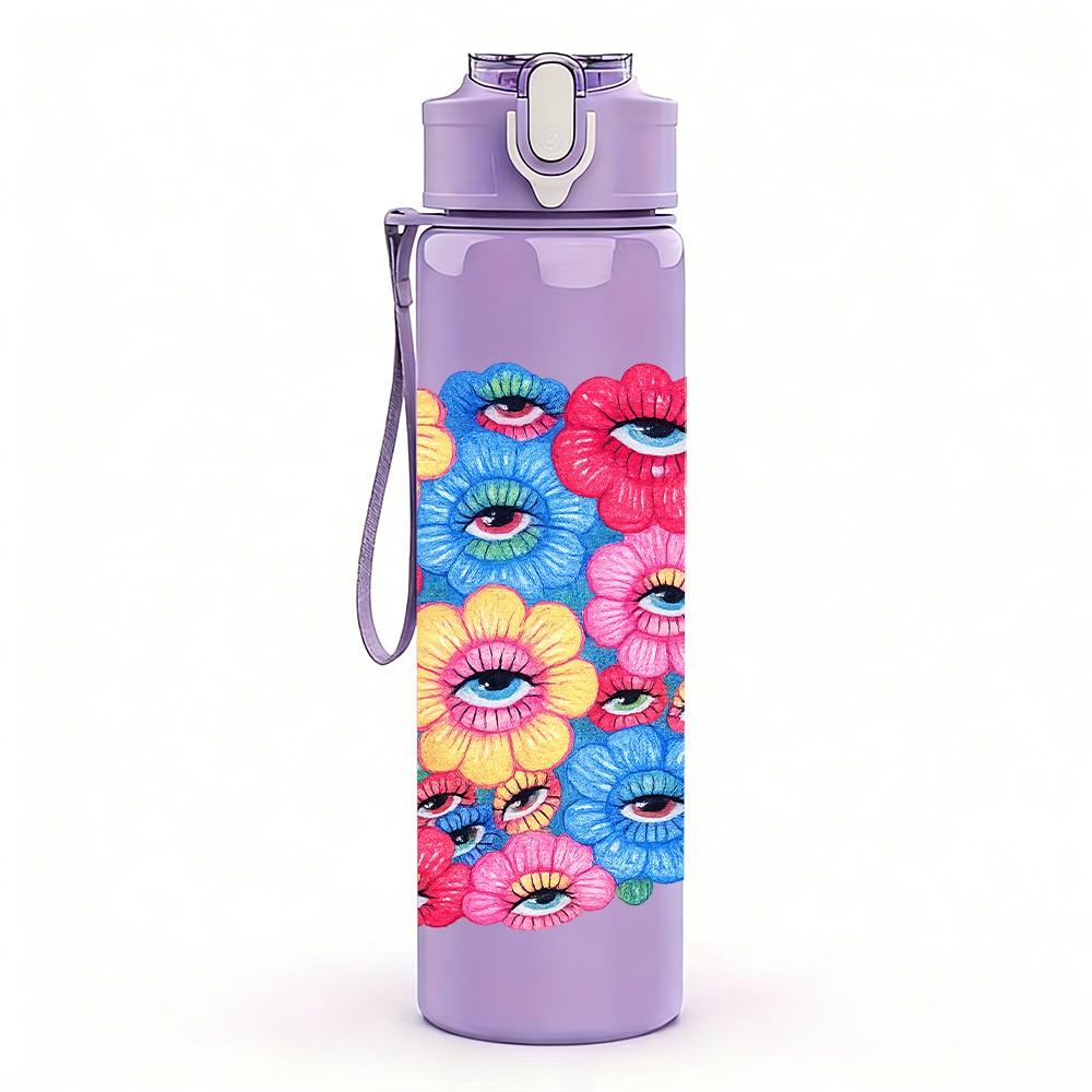 1PC Multicolor Round Flower Cluster Print 750ml Color Plastic Sports Water Bottle Leakproof Flip Straw Lid Suitable for Sports Office Home Use