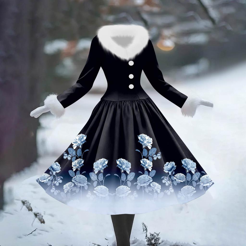 Women's Casual Dress Long-Sleeve V-Neck Patchwork Fleece Christmas Print Dress