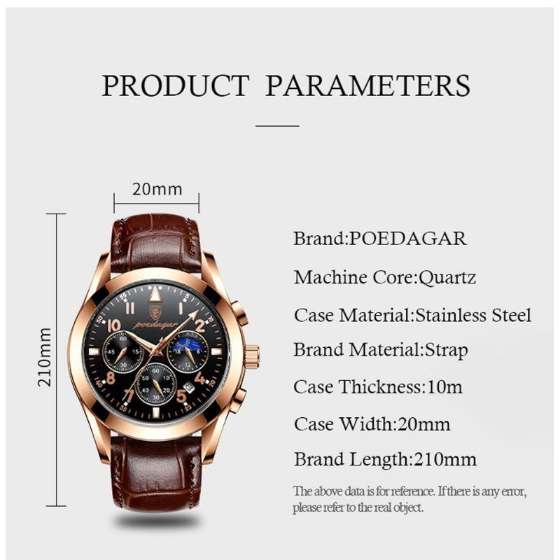 POEDAGAR Orologi da Uomo Moda Pelle Impermeabile Luminosi Top Brand Lusso Quarzo da Polso