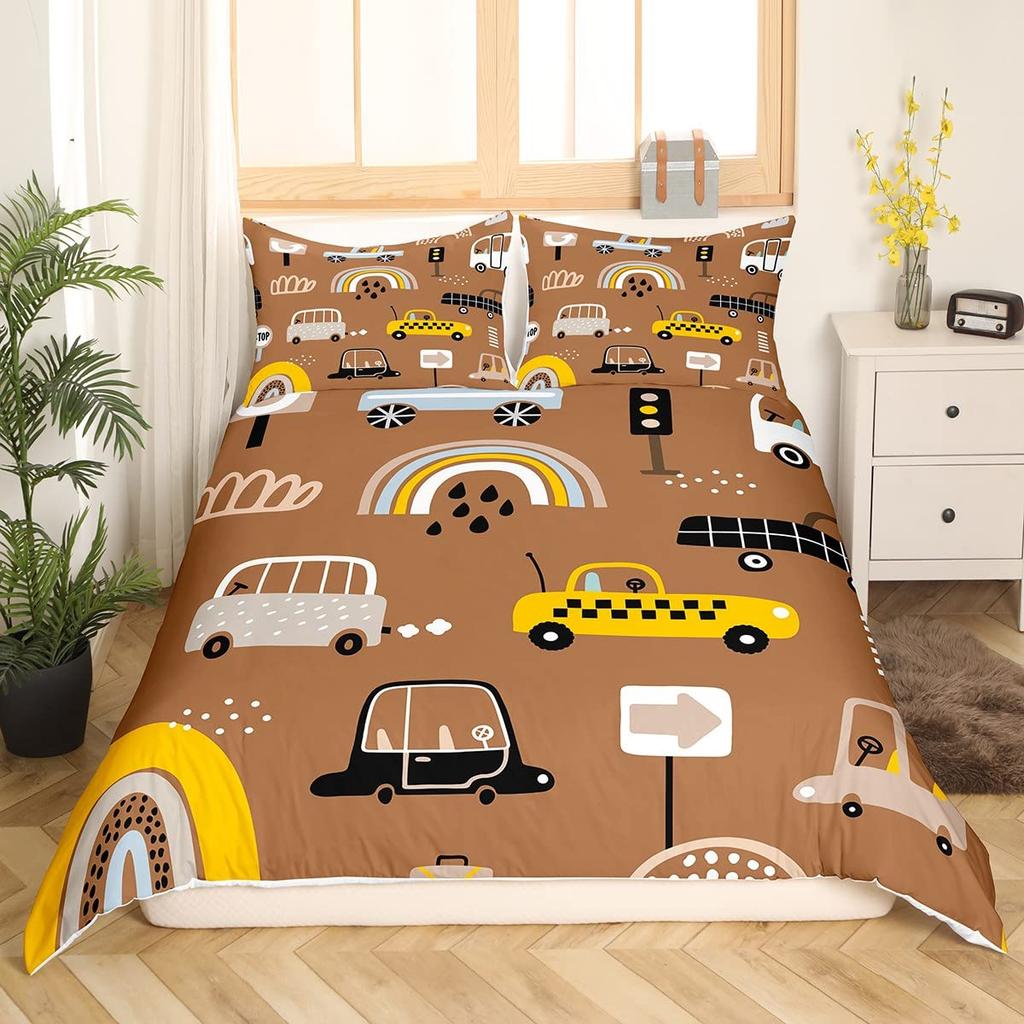 Cartoon Car King Queen Duvet Cover Colorful Transportations Bedding Set Cute Truck Train Sailboat Rocket Polyester Quilt Cover