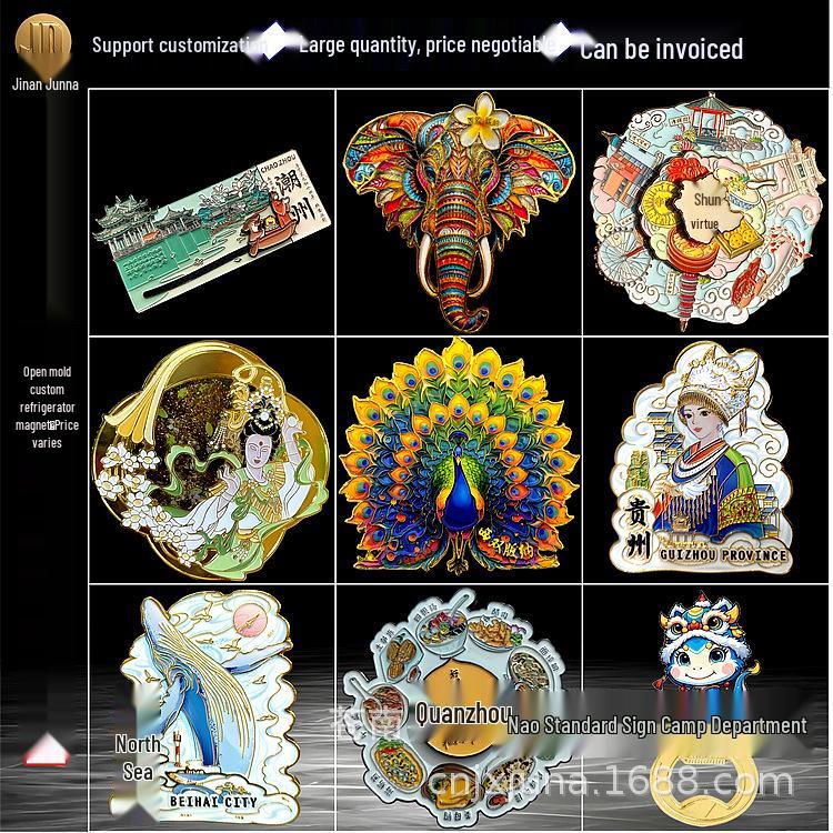 Customized 3D Metal City Landmark Refrigerator Magnets with Flowing Sand Crystal Design