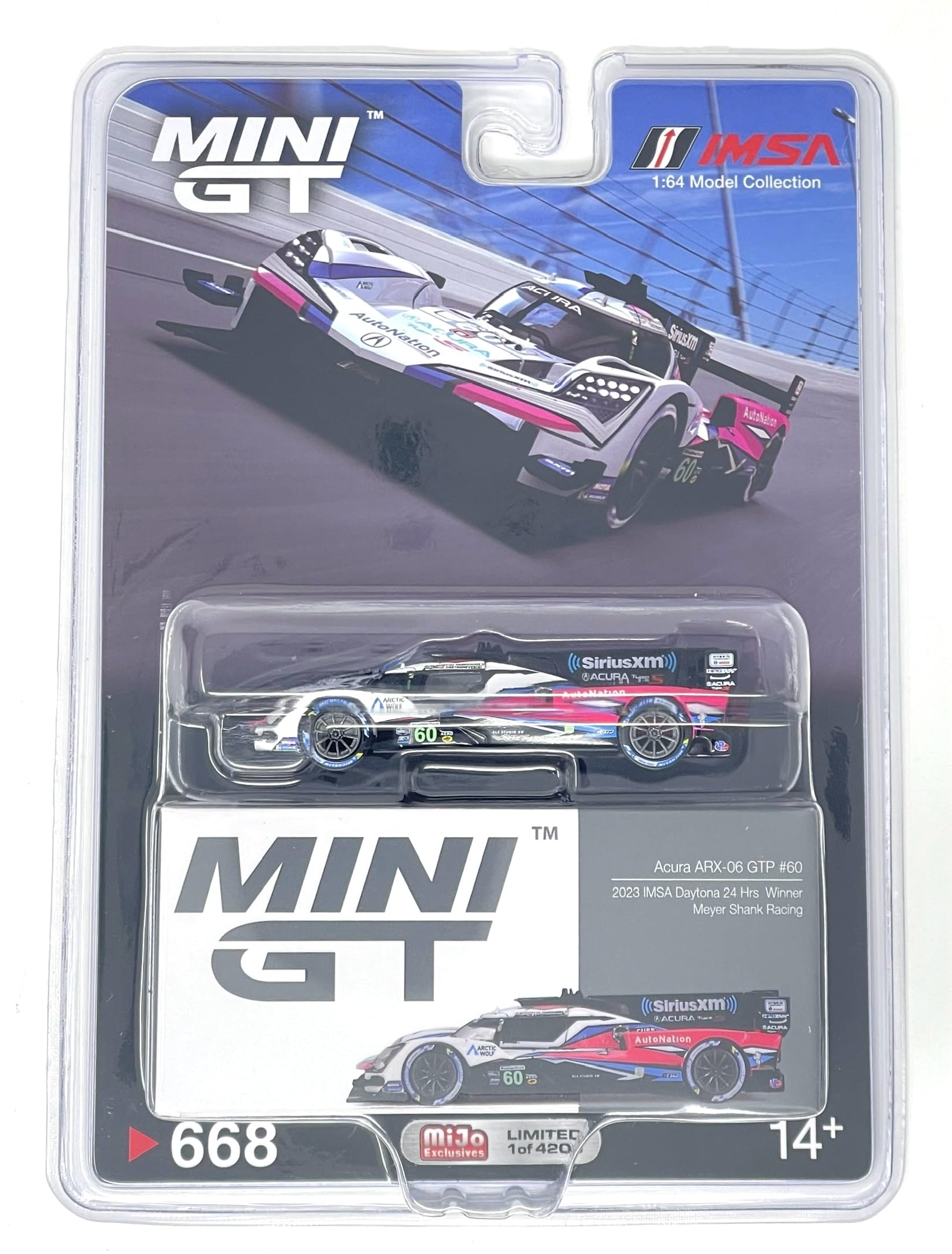 

MINI GT x MiJo Exclusives 164 Acura ARX-06 GTP IMSA 24 часа Дайтоны 2023 Победитель #60 Meyer Shank Racing Готовое изделие