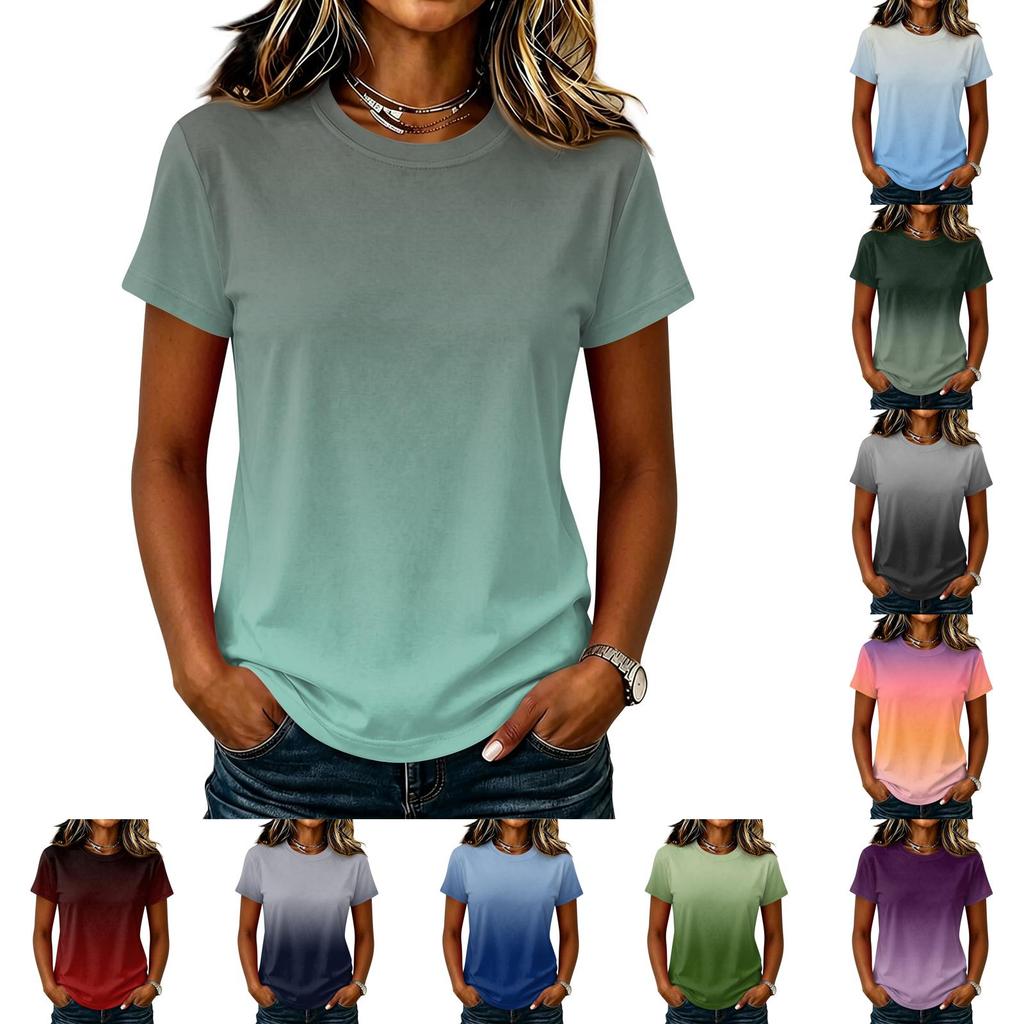 Women's Casual Pullover T-Shirt Short Sleeve Crew Neck Gradient Color Top Lightweight Soft Fabric Summer Wear