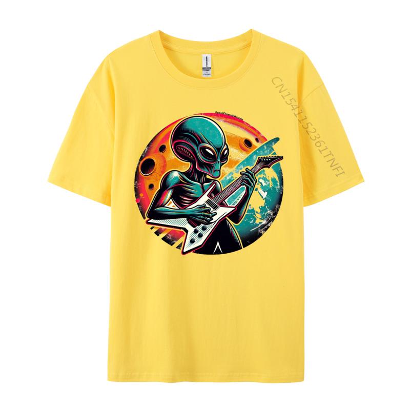 Retro Alien Guitar Rockstar Tshirt Funny T Shirt For Men Premium Cotton Autumn Tshirts Street Tops Shirt