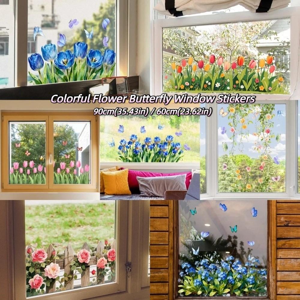 Tulip and Leaf Colorful Flower Window Stickers Glass Wall Decal Flower Butterfly Glass Electrostatic Film Transparent
