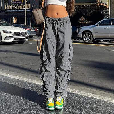 2022 Multi Pockets Cargo Pants Women Y2K Low Waist Jeans Wide Leg Loose Casual Streetwear Denim Trousers Joggers Solid Color