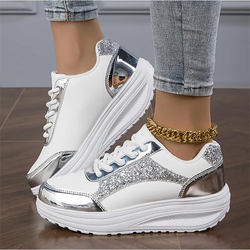 Women's Pure Color Sequins Sneaker Lace-up Platform Sequined Decorative Walking Rock Shoes High Top Sneakers Sneaker