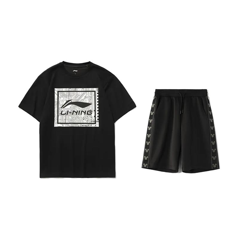 

Принт с логотипом Li Ning, свободный, универсальный, с круглым вырезом, с коротким рукавом, завязывающийся, удобные шорты, повседневный спортивный костюм, костюм унисекс AHSUA15-2+YKSV129-2 S