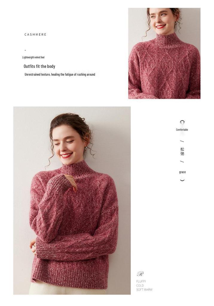 Elegant Goddess Floral Cashmere Sweater - 2025 Autumn/Winter Women's Half-High Neck, Diamond Pattern Knit