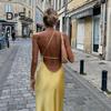 Women Sexy Dress Sloping Collar Sleeveless Open Back Design Long Dress Solid Color Side Slit Design Party Dress