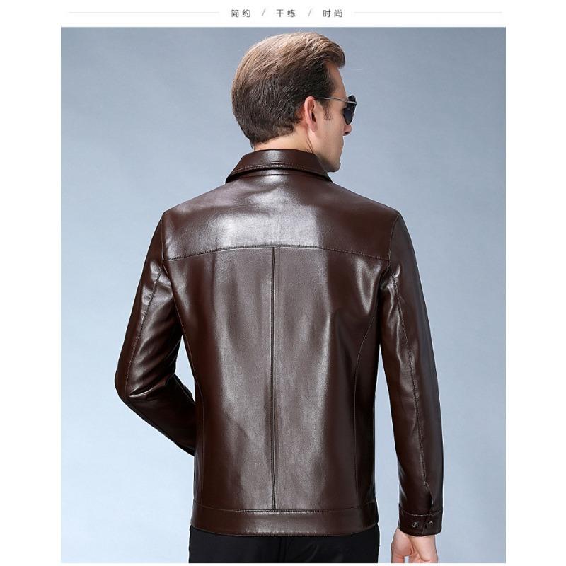 Spring and Autumn New Men's Lapel Sheepskin Jacket Middle-aged Jacket Single Leather Plus Velvet Warm Leather Jacket