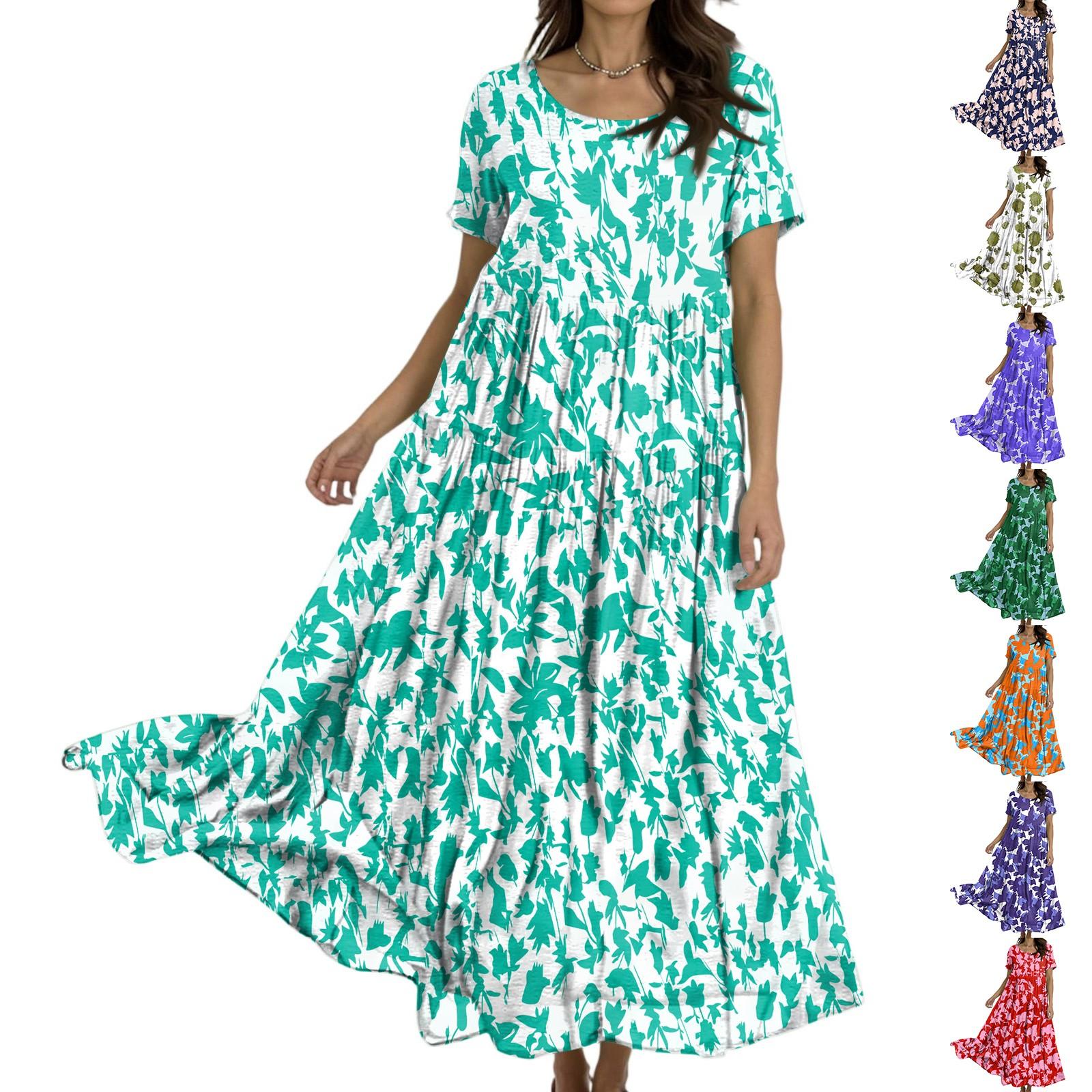 

Women Casual Loose Bohemian Floral Dress Short Sleeve Long Maxi Summer Beach Swing Dress XL фіолетовий