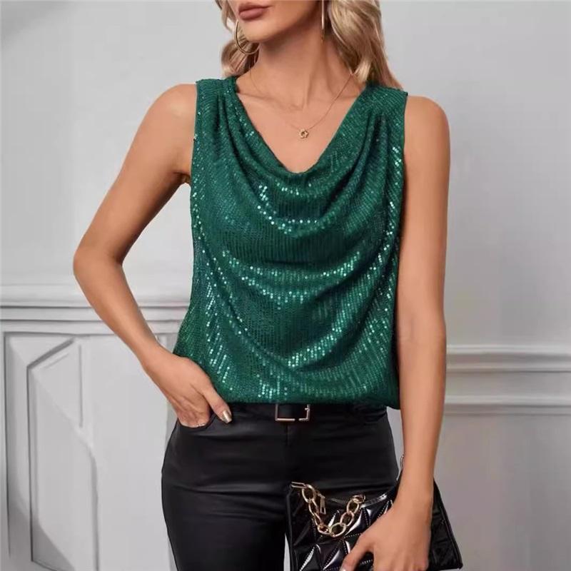 Trendy European And American Sexy V Neck Strapless Sequin Loose Short Pullover Top Women Tank Top Stylish Blouse