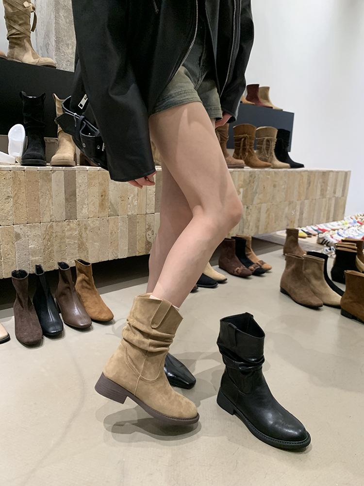 

Thick heel women s boots retro suede apricot western pile boots short boots 2025 new V-mouth thin short boots women 39 хаки
