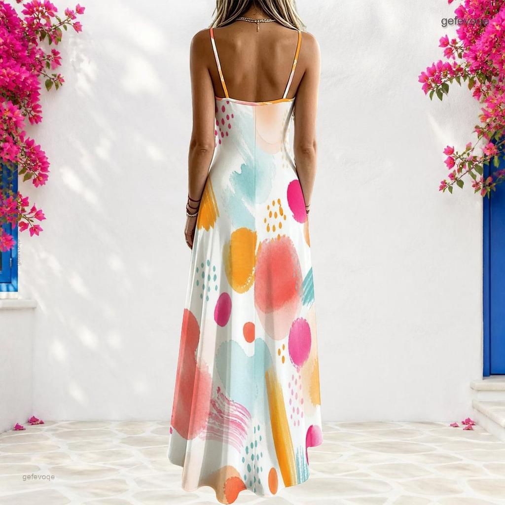 Women Plus Size Spaghetti Strap V Neck Sleeveless A Line Blue Black Printed Long Dress