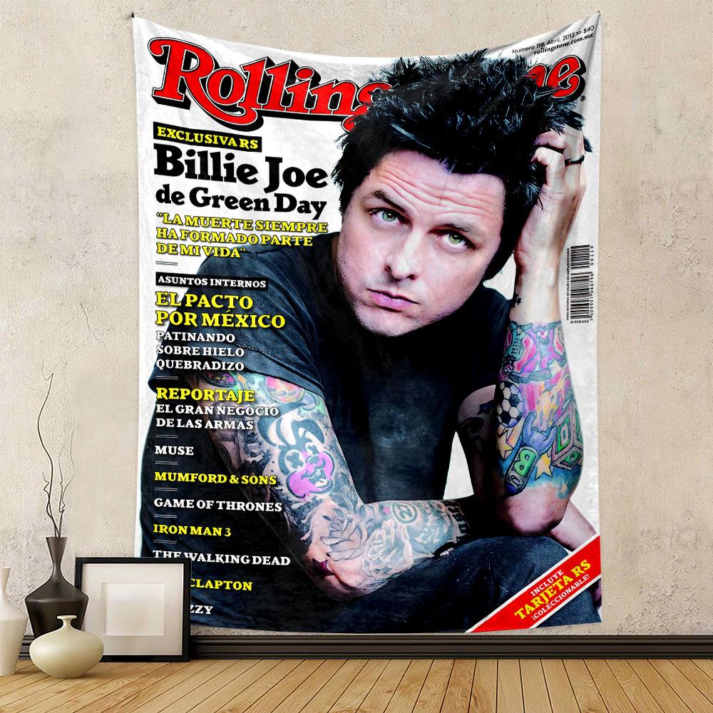 The magazine cover features a person with tattoos and vibrant text highlights. Patterned tapestry for bedroom and living room home decor