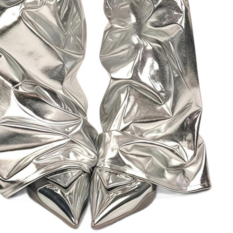Women Punk PU Leather Leg Warmer Harajuku Grunge Leg Socks Metallic Silver Wide Baggy Boot Covers Gaiters Streetwear
