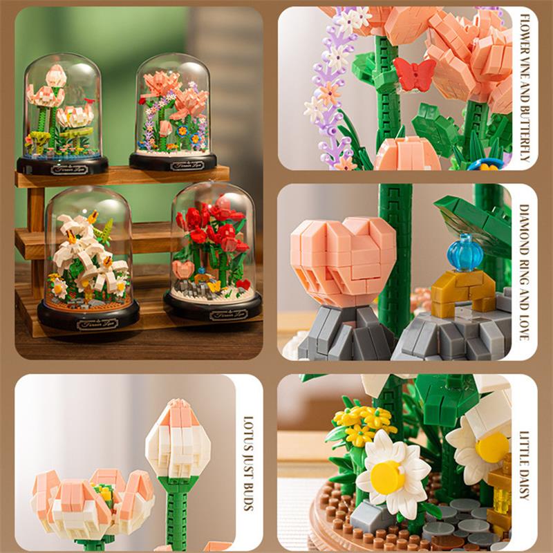 Mini Blocks Simulation Flowers Building Bricks Eternal Plant Preserved Fresh Rose Artificial Sakura Adult Toy Gift Girl Present