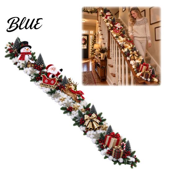 Holiday Entryway Stair Snowy Banister Decor Warm Sleigh Railing Garland Santa LED Lighted Decoration Pre-Lit