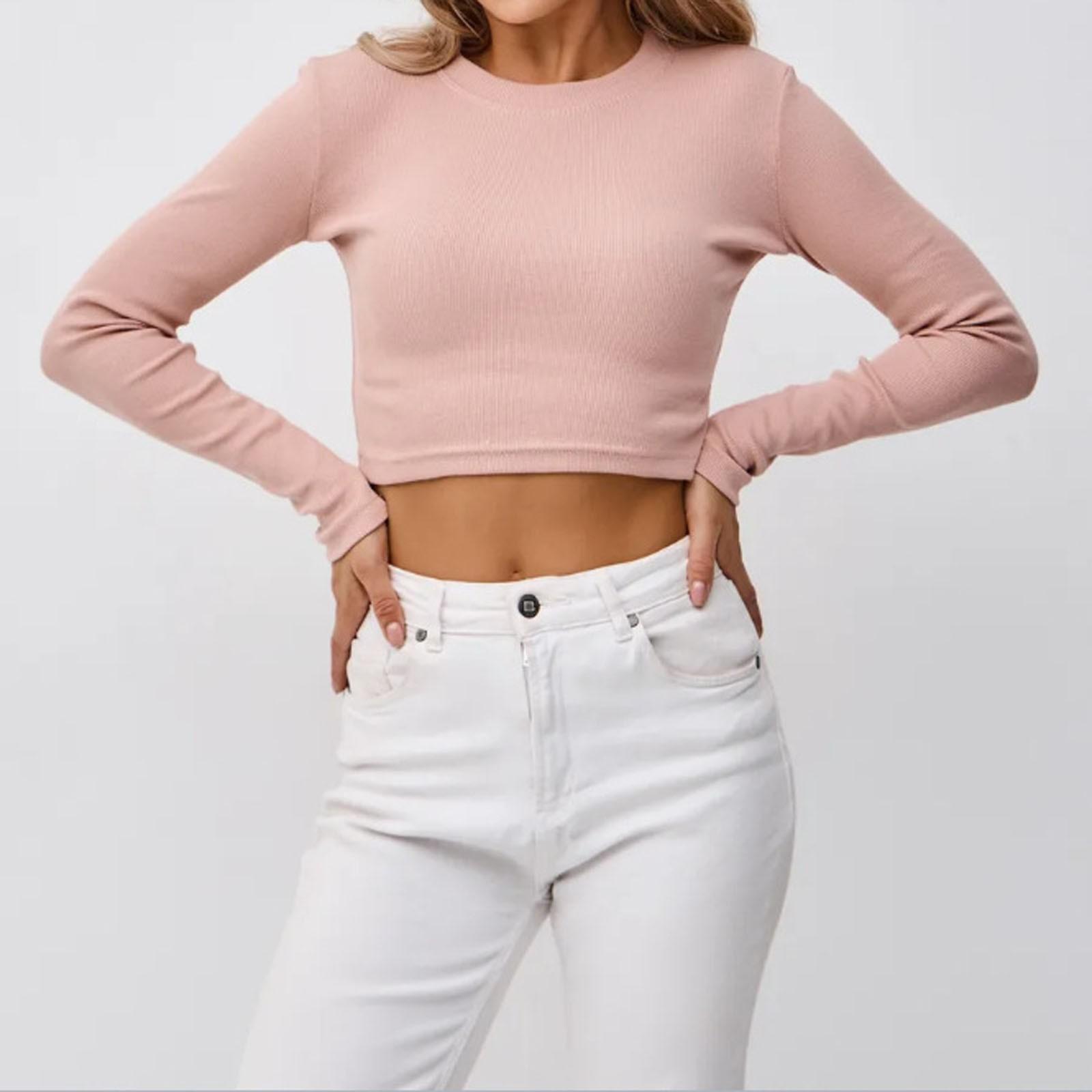 

Женские трикотажные базовые рубашки с круглым вырезом, длинным рукавом, в рубчик, облегающие, повседневные M розовый