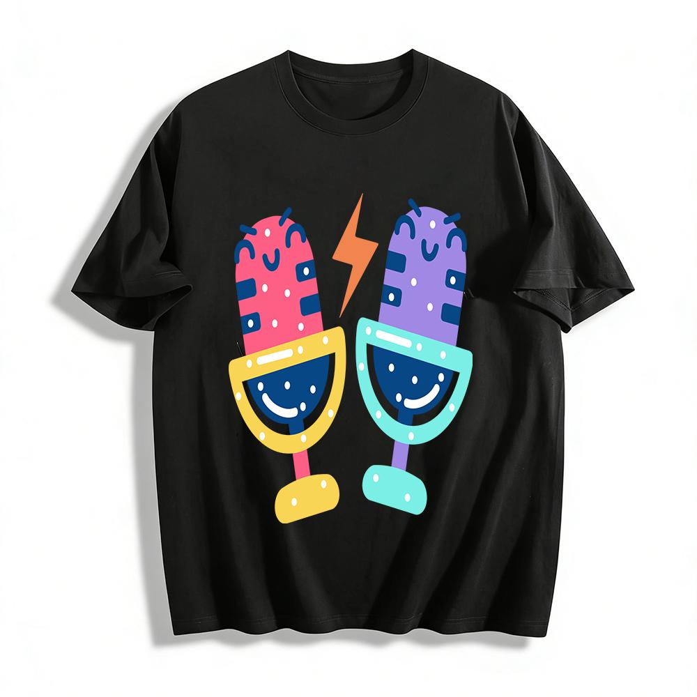 

Color Block Microphone Print Casual T-Shirt Unisex Loose Breathable Daily Short Sleeve Top Pure cotton T-shirt XXS
