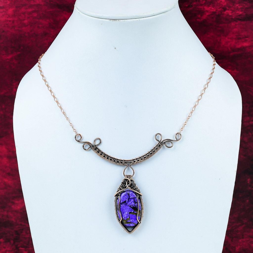 Copper Charoite Necklace Copper Wire Wrapped Necklace Adjustable Chain Necklace Gemstone Copper Jewelry Handmade Necklace Anniversary Gifts