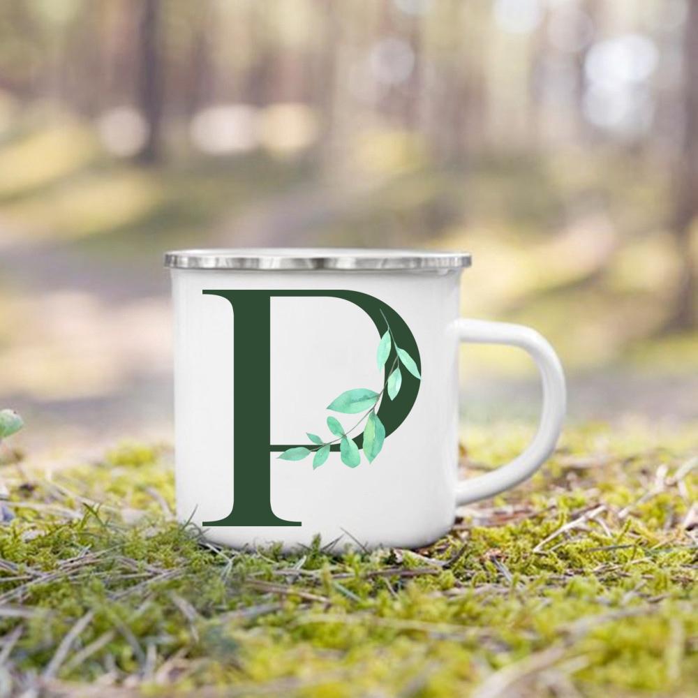 Emaille-Tasse mit Henkel, Aquarell, grünes Blatt mit Alphabet, Tasse, personalisierte Geschenke, Kaffee-Reisebecher, Bierbecher für Kaffee- und Teetassen