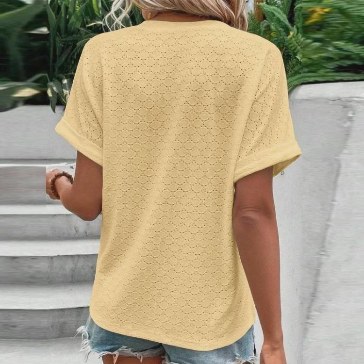 Spring Summer  Women Casual Button V Neck T Shirt Solid Color