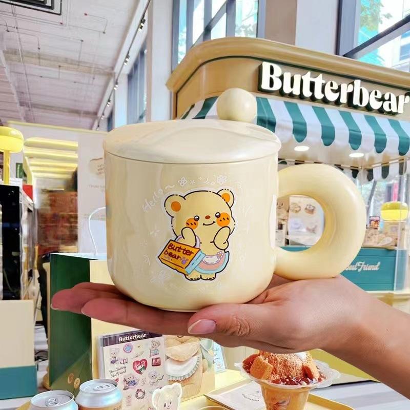 Niedlicher Butterbär Keramiktasse mit Deckel Löffel für Mädchen Büro Frühstück Kaffee Trinkbecher Praktisches Geschenk