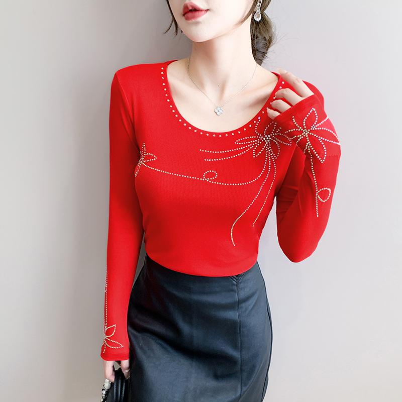 

Весна Осень Женская Футболка со Стразами Горячей Фиксации Элегантная С Круглым Вырезом и Длинным Рукавом Приталенные Женские Топы 3XL красный