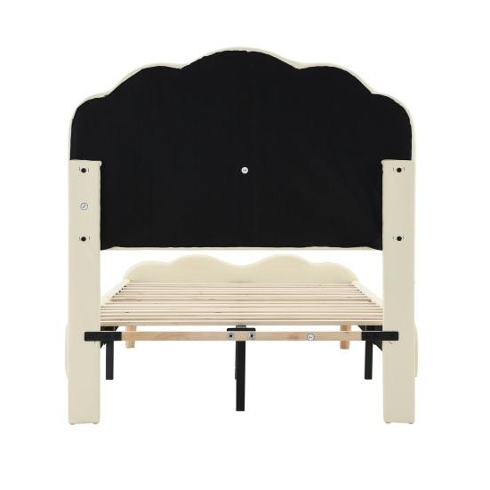 Bedroom Bed Upholstered Running Light Effect Higher Feet Without Mattress Wavy Headboard Apartment Furniture Changing LED Strip Sleep Faux Leather