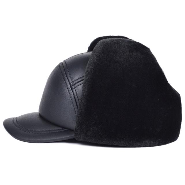 Men's Genuine Leather Winter Hat - Lei Feng Style with Ear Protection, Warm Cotton Lining for Middle-Aged and Elderly