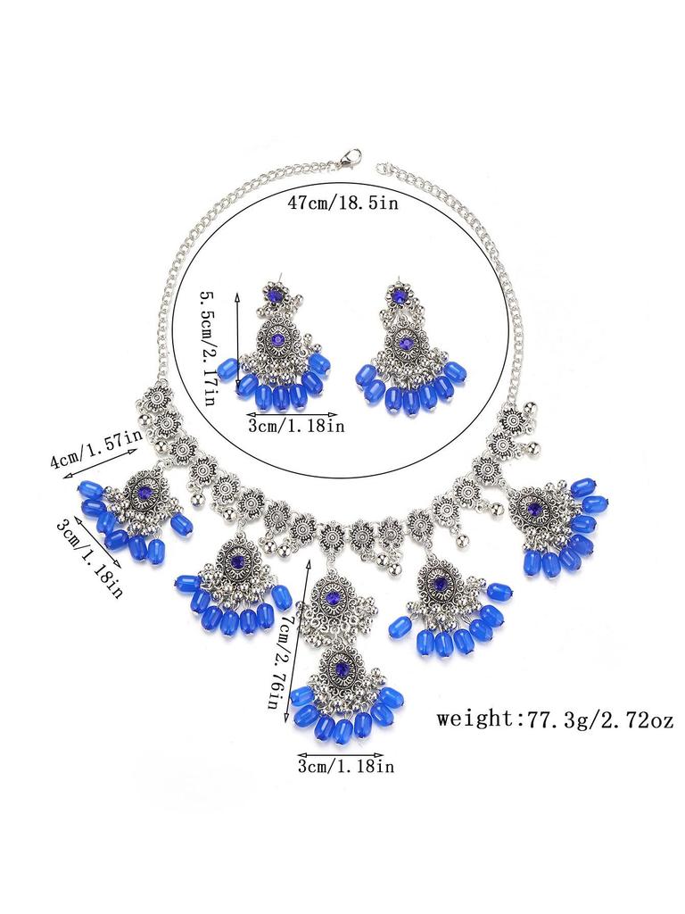 Exaggerated Indian-Style Rhinestone Tassel Necklace & Retro Ethnic Earrings Set