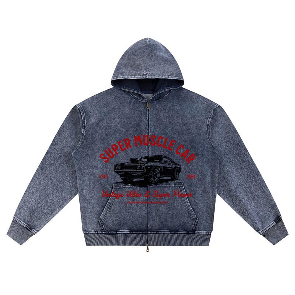 DTG Print Knitted Denim Zip-Up Hoodie Super Muscle Car Brother Print Zipper Hoodies  