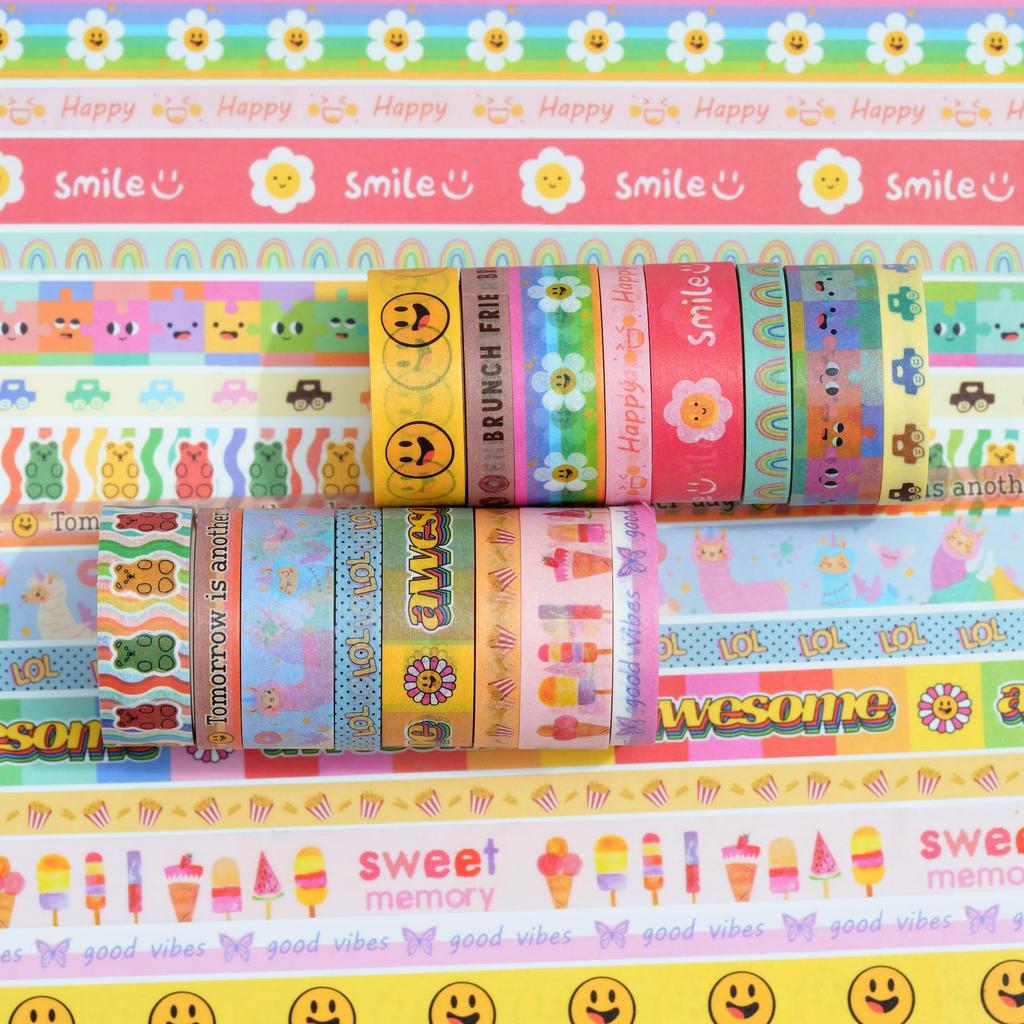 YUBX Masking Tape Cute Cartoon Washi Paper Bright Perfect for DIY Gift and 16-Piece Set Patterns, Tape, Colors, Crafts, Journals, Planners,