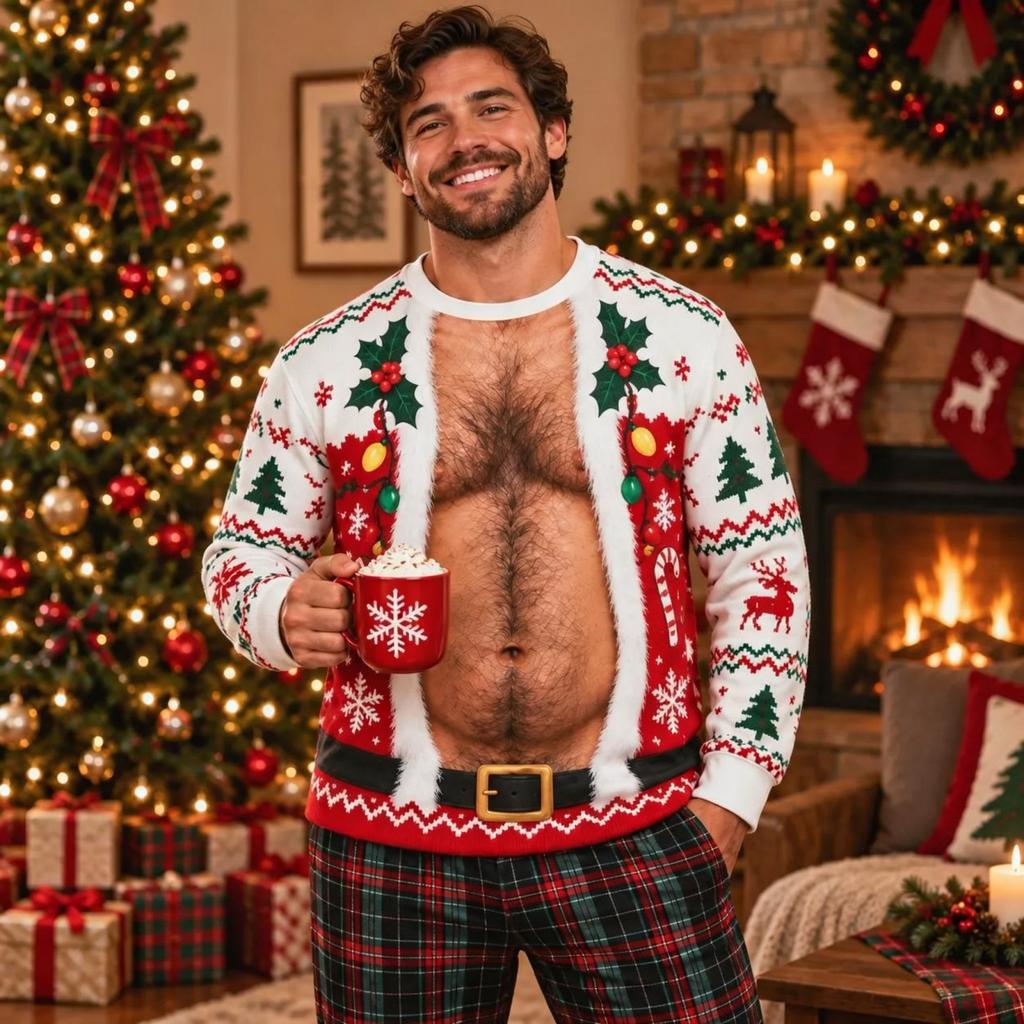 Men's, Long Sleeve Printed Holiday Top