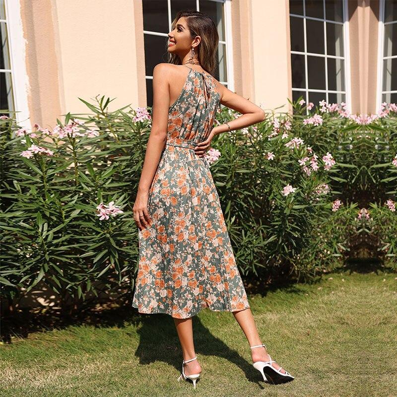Elegant Halter Sleeveless Party Dress Women Sexy High Waist Floral Printed Lace-up Ladies Dress Casual Slim Robe Longue 26314
