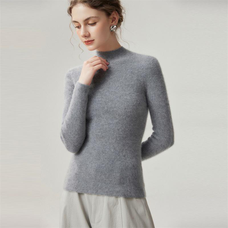 Pure Cashmere Ribbed Half-High Collar Knit Top