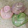 Hand-painted Hollow Woven Western Cowboy Hat Men and Women Summer Outdoor Denim Hat Beach Sunscreen Paper Straw Hat Shell Chain