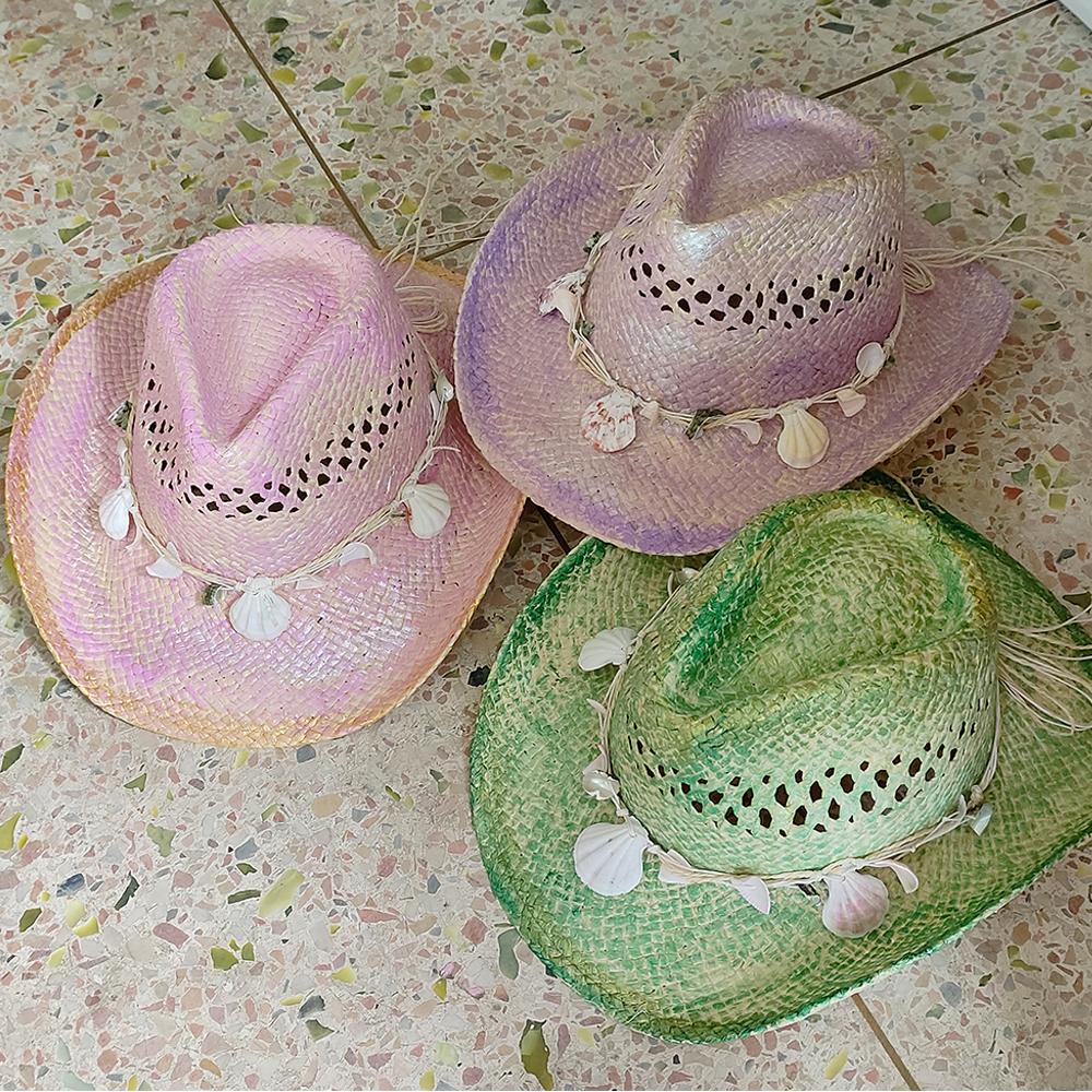 Hand-painted Hollow Woven Western Cowboy Hat Men and Women Summer Outdoor Denim Hat Beach Sunscreen Paper Straw Hat Shell Chain