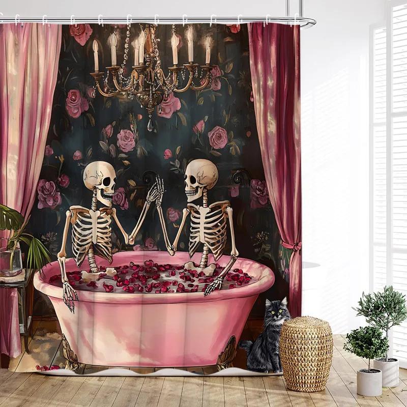Fun Bathing Lovers Skeleton Shower Curtains Forest Rose Flowers Tree Heart Valentine'S Day Bathroom Curtain Fabric Home Decor